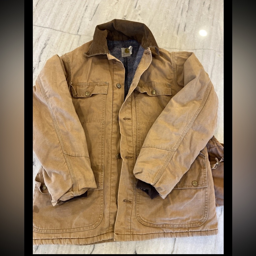Vintage Carhartt Duck Hunting Coat Jacket Blanket Lined Sz M w/ Game Pouch CB036